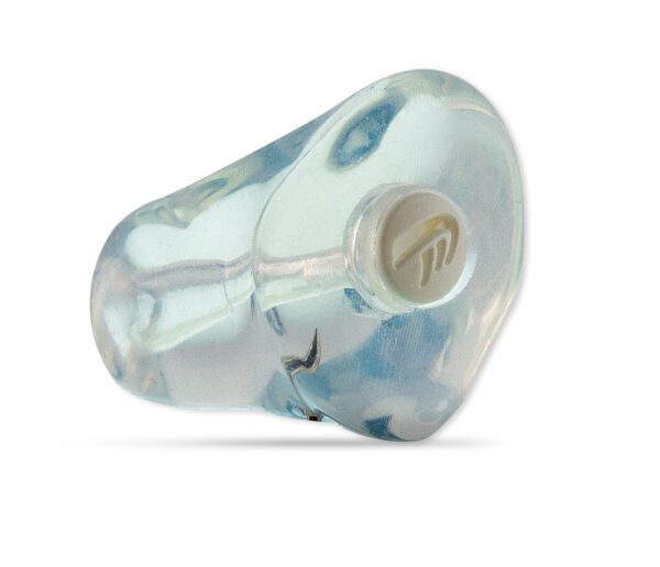 A blue and white custom hearing protection